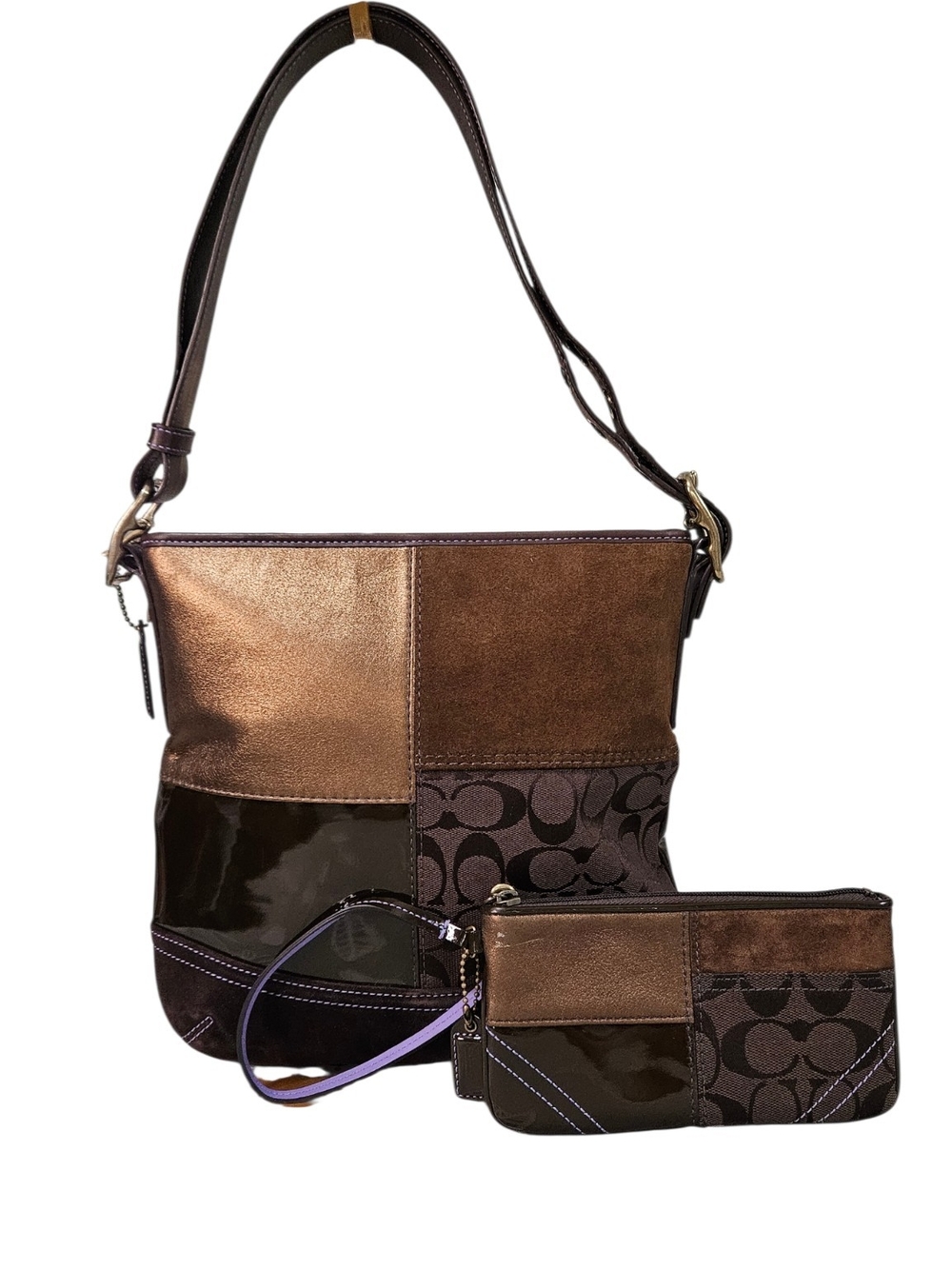 Coach NWOTS 2006 Bronze & Brown Patchwork Shoulder Bag w/Matching Wristlet SET - Picture 2 of 14